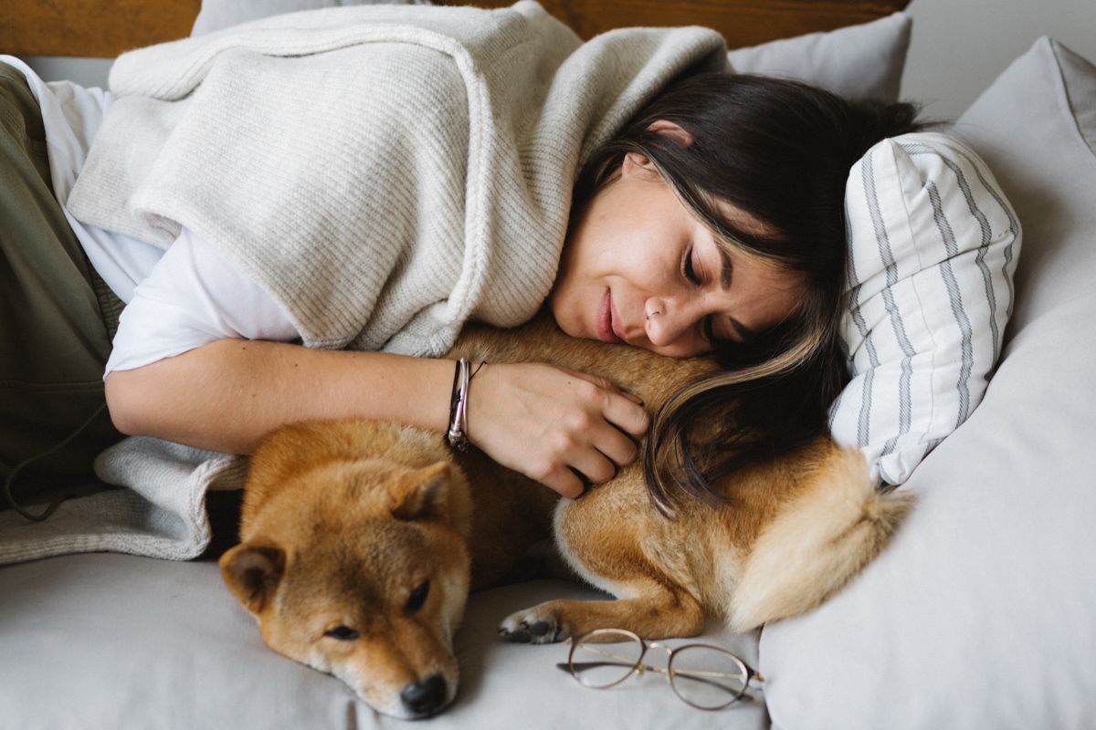 A Person Lying In Bed With A Dog